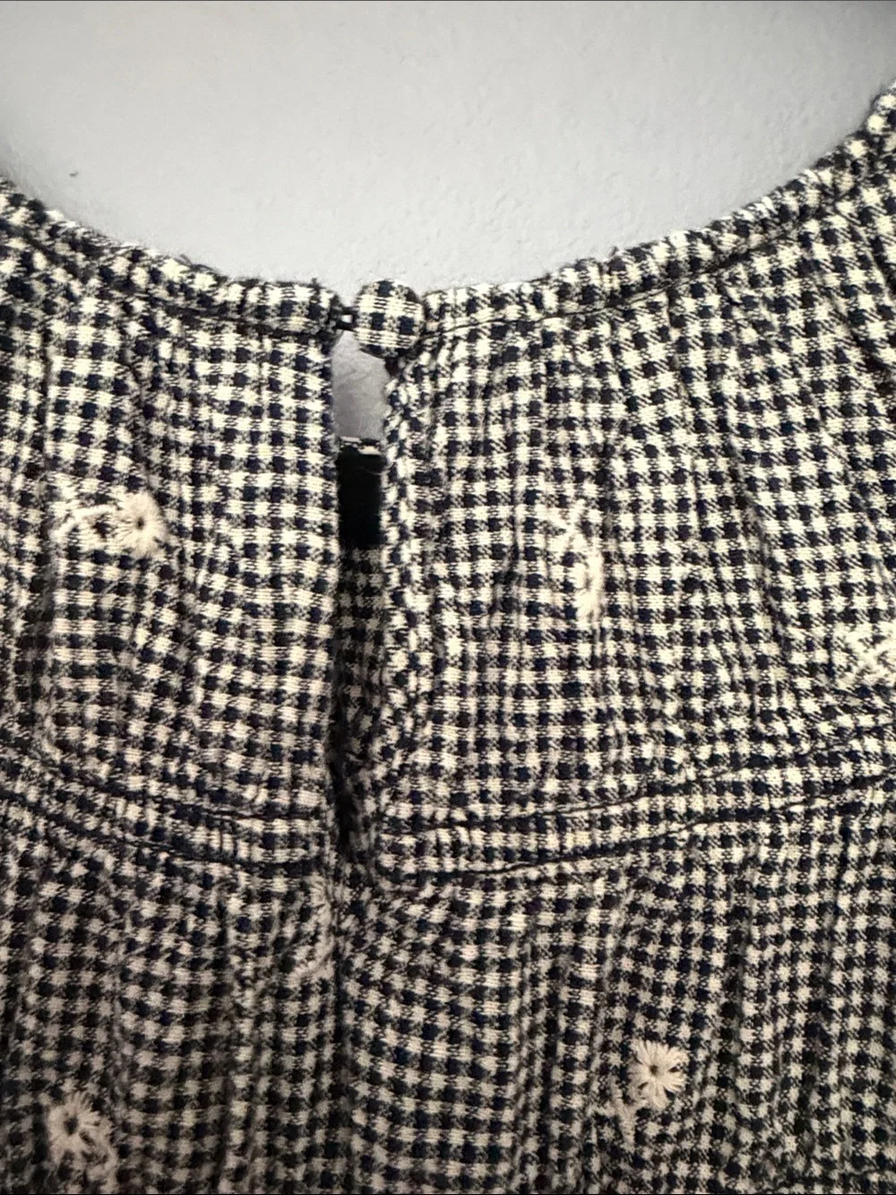 Madewell Black White Gingham Embroidered Daisy Smocked Puff Sleeve Top XL